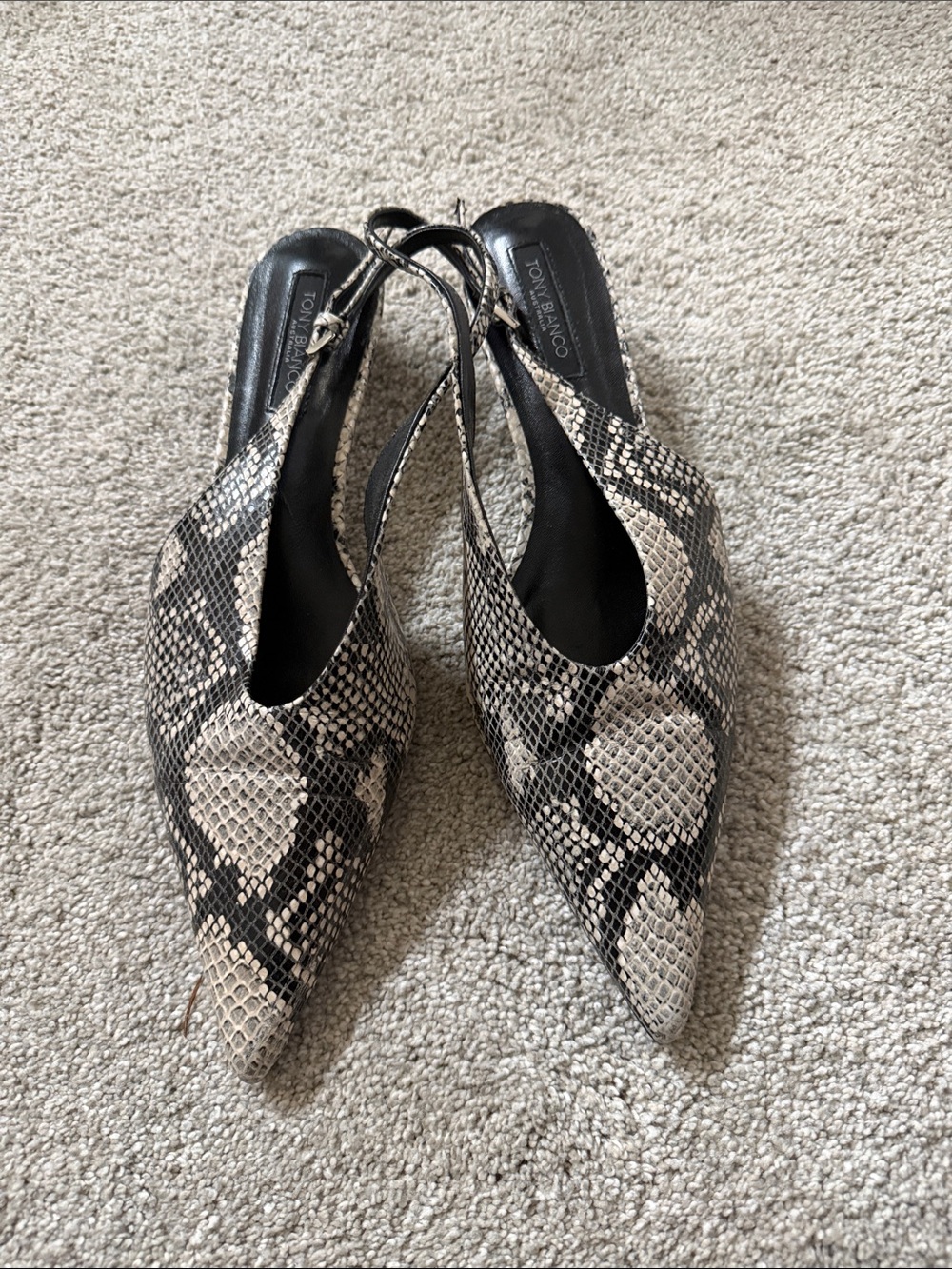 Tony Bianco Black & White Snake-Print Pointed Slingback Mules